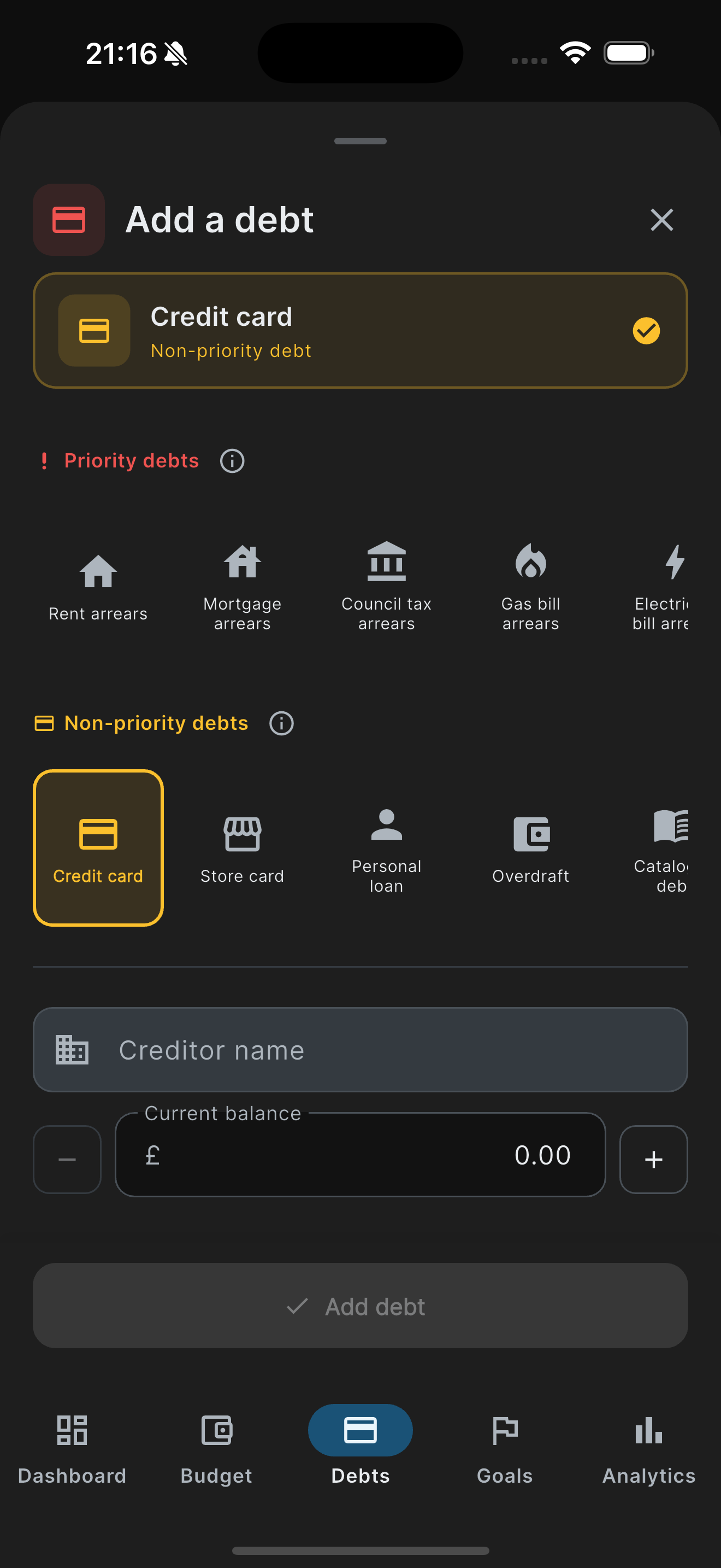 Add debt sheet