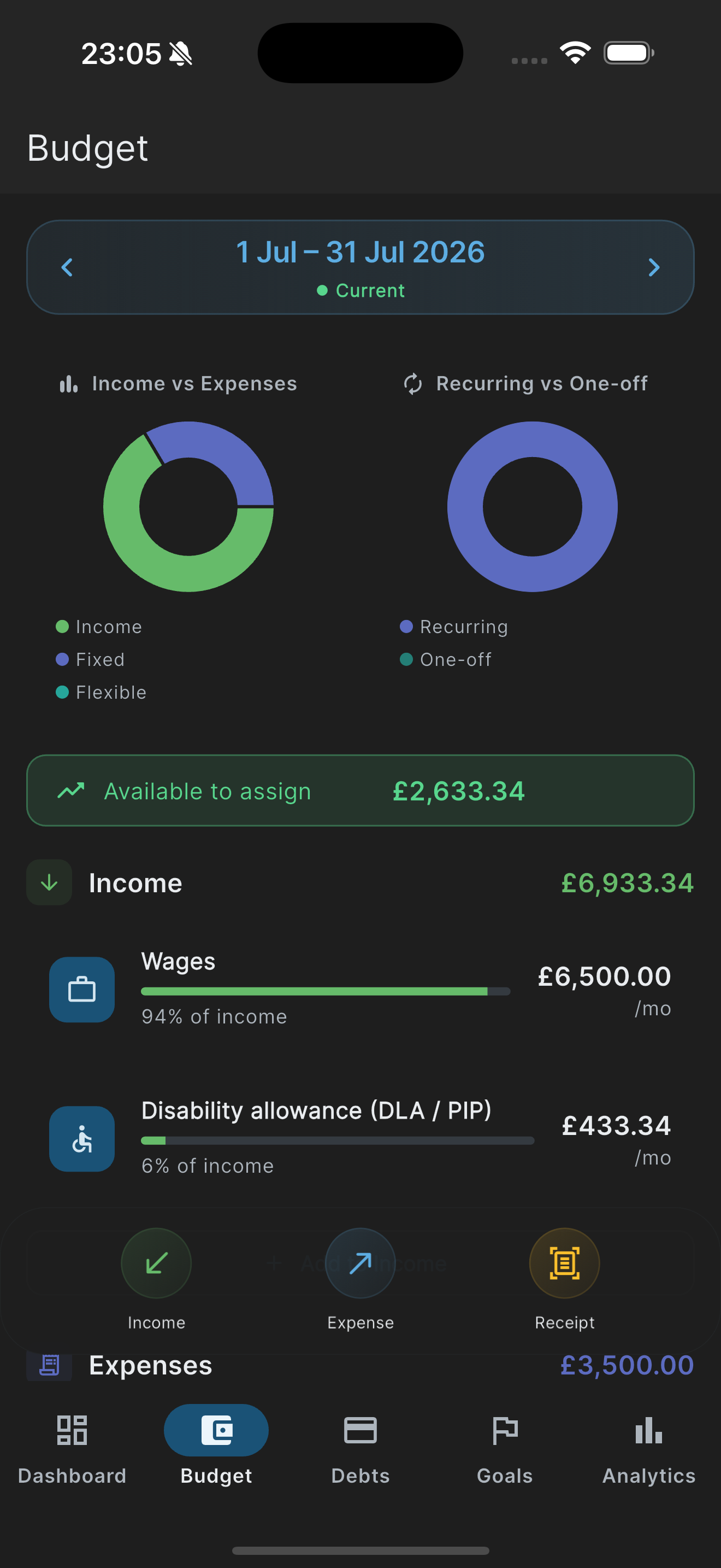 UK Budget Planner budget screen with income and costs