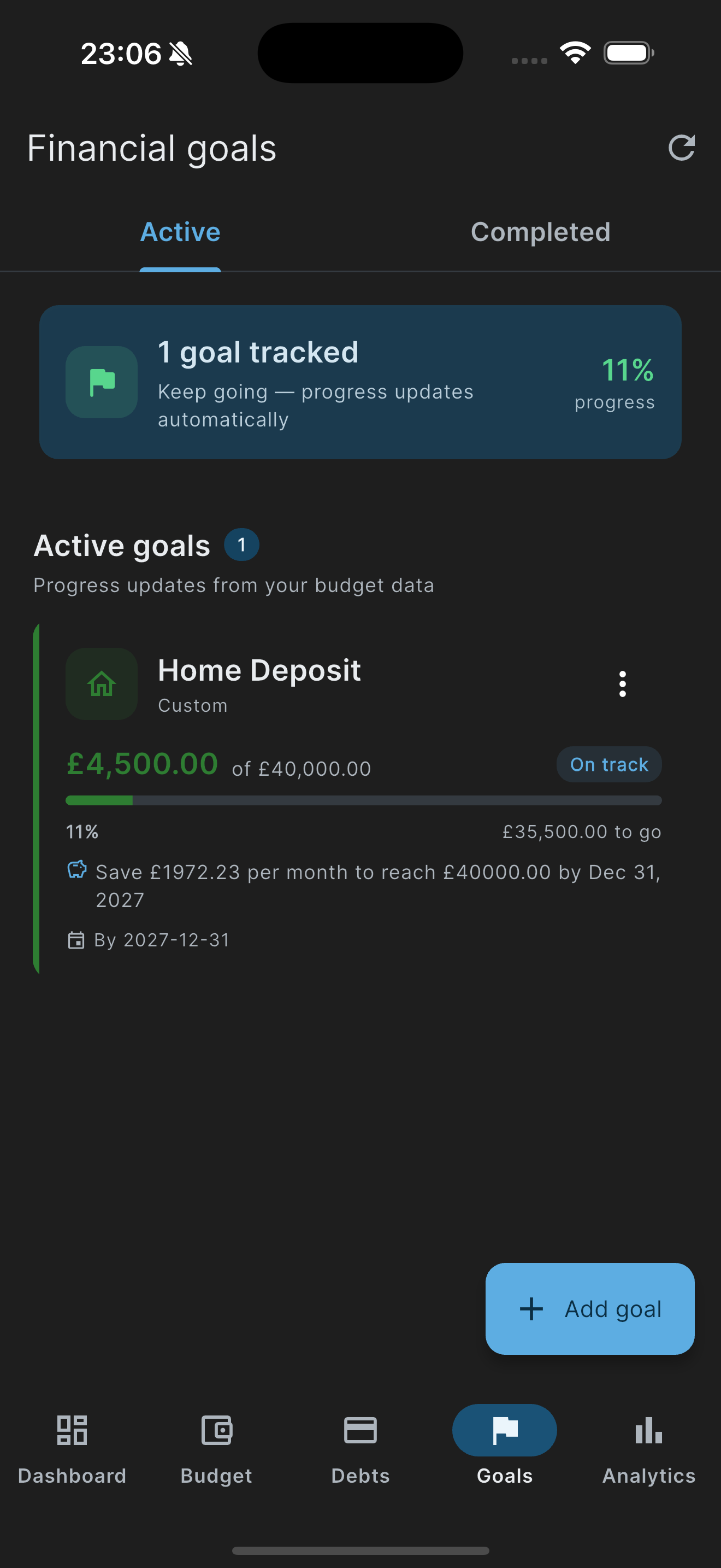 UK Budget Planner goals screen
