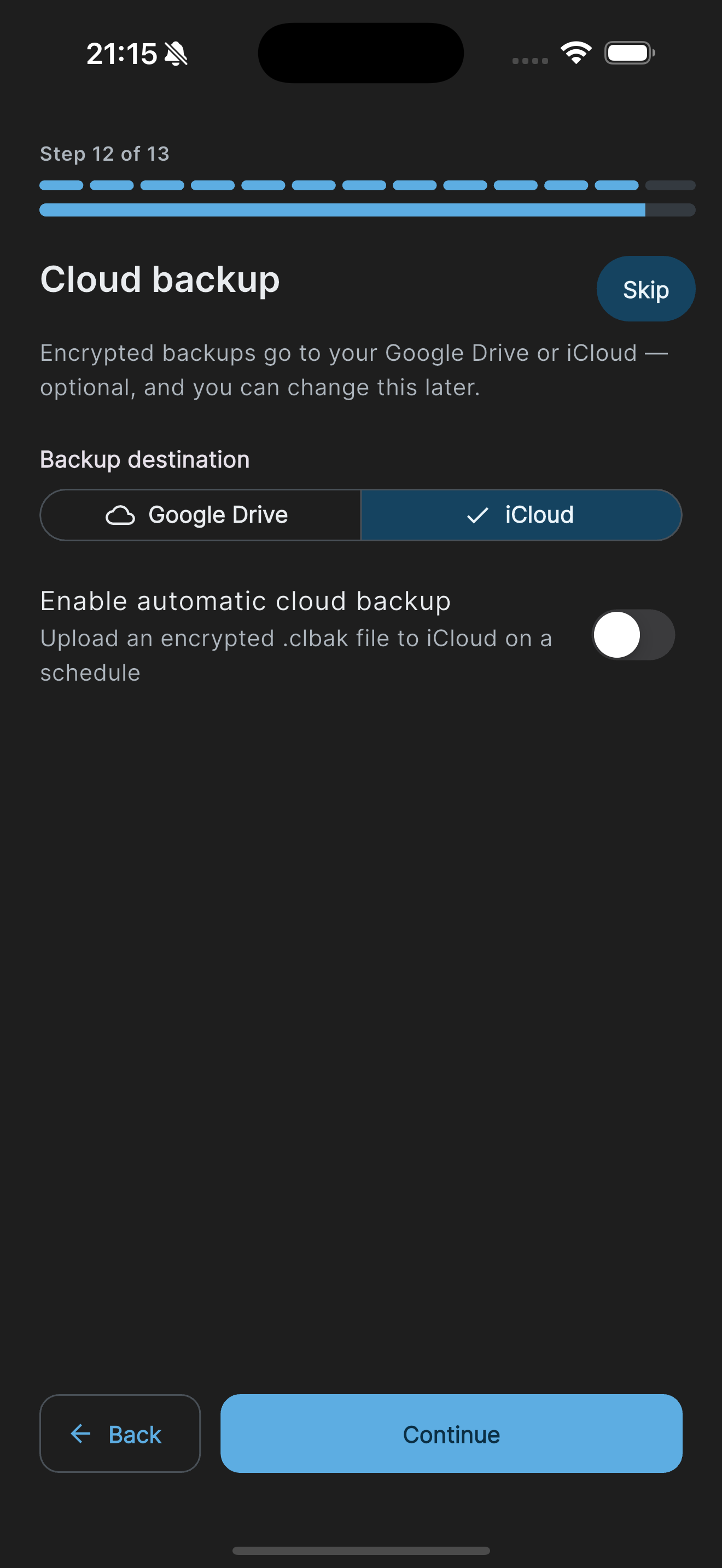 Onboarding cloud backup step