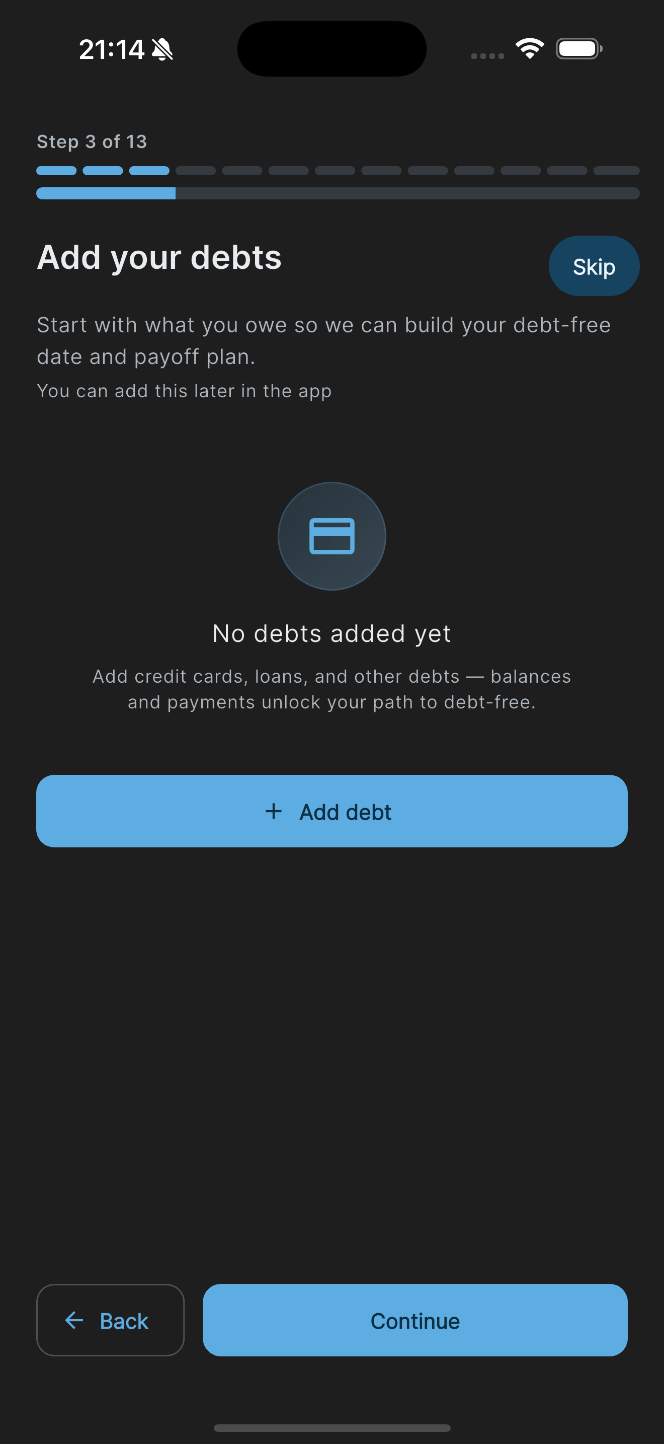 Onboarding debts step