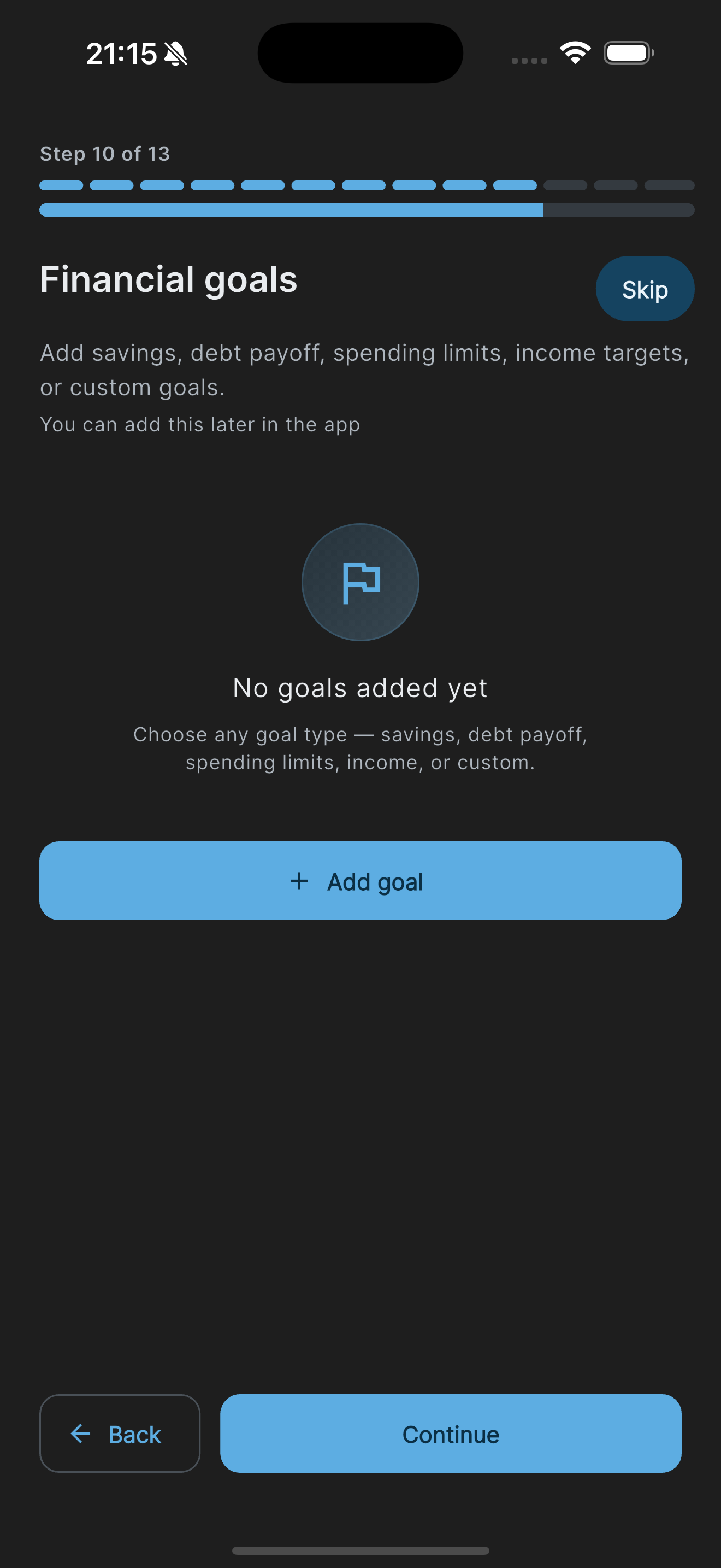 Onboarding goals step