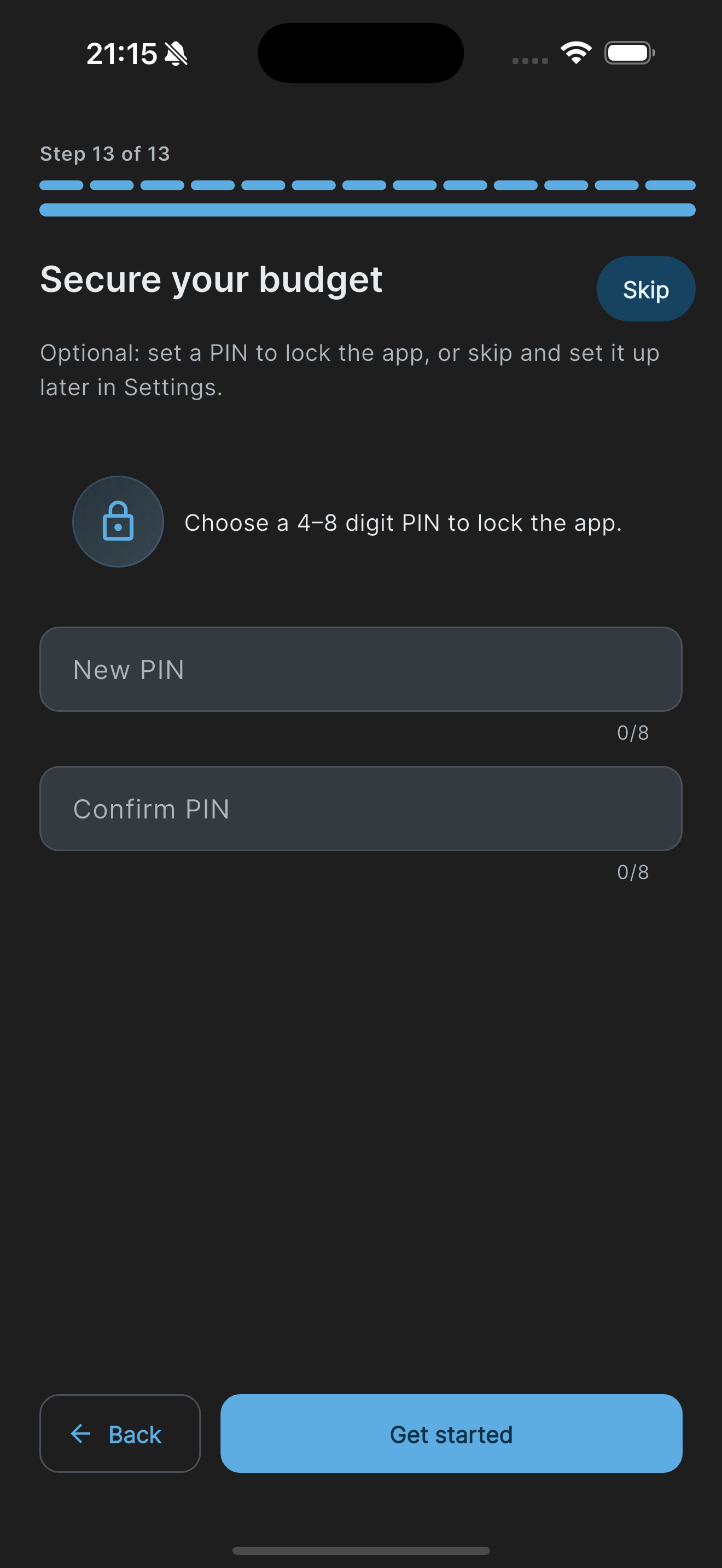 Onboarding PIN setup