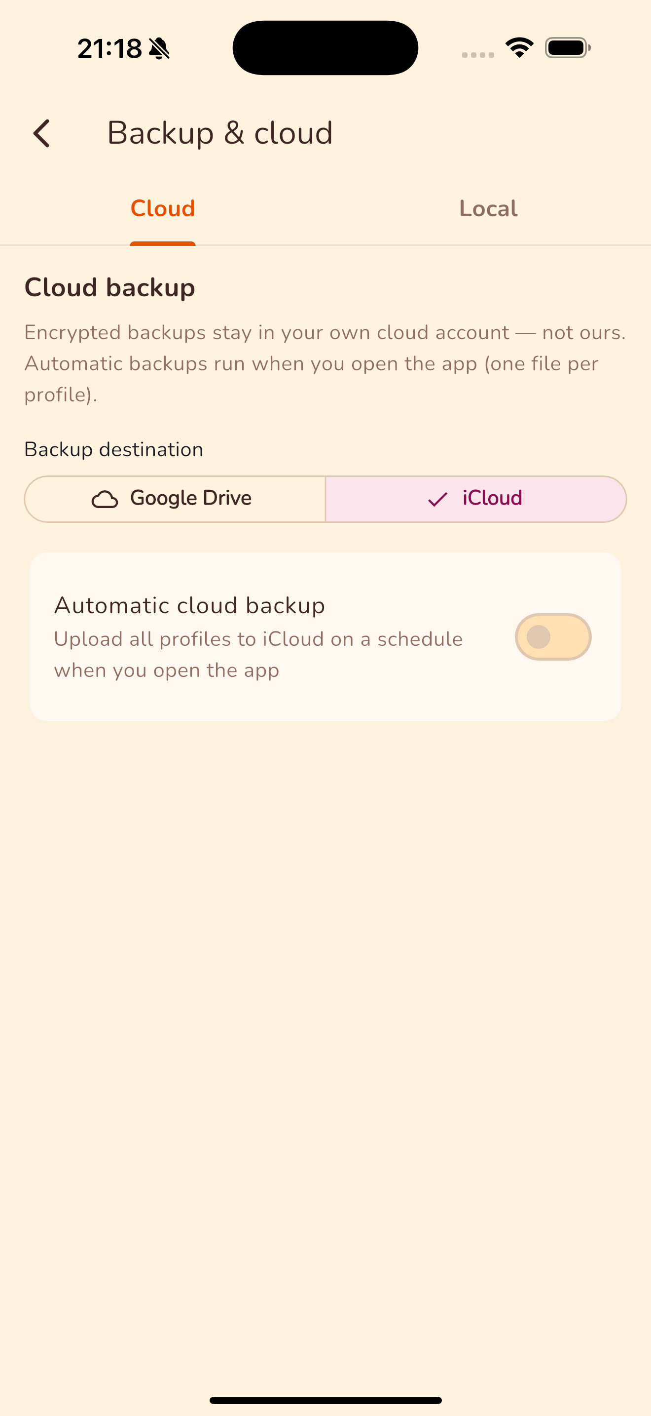 Cloud backup settings