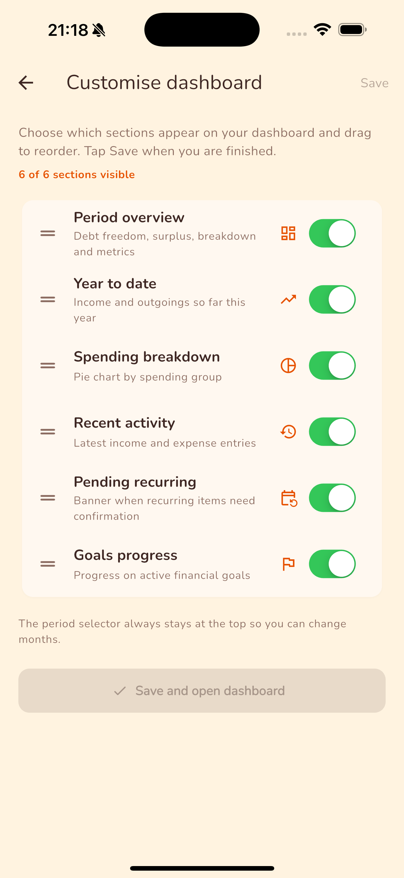 Customise dashboard