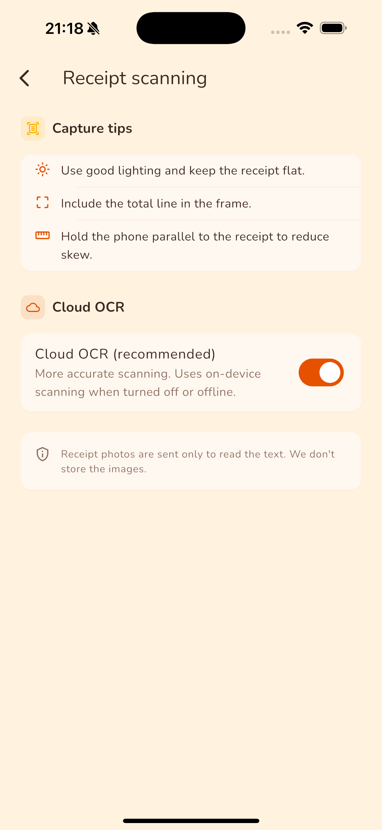 Receipt scanning settings