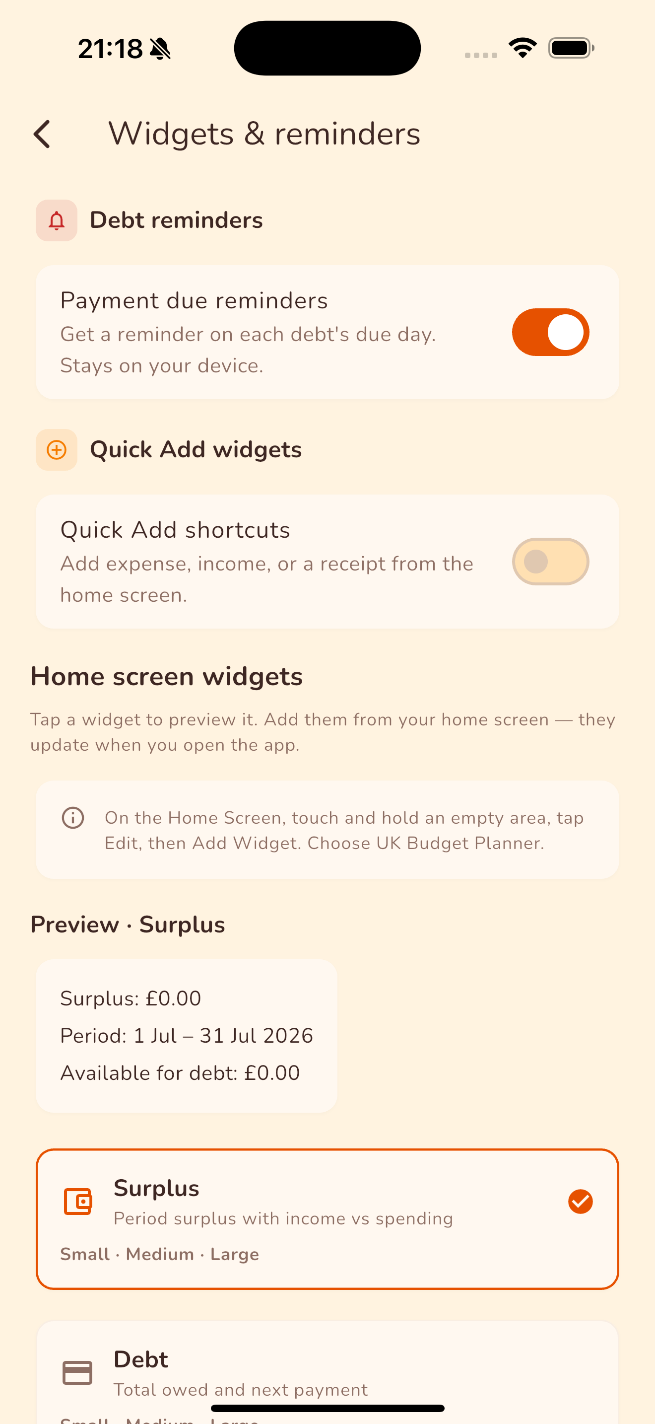Widget settings