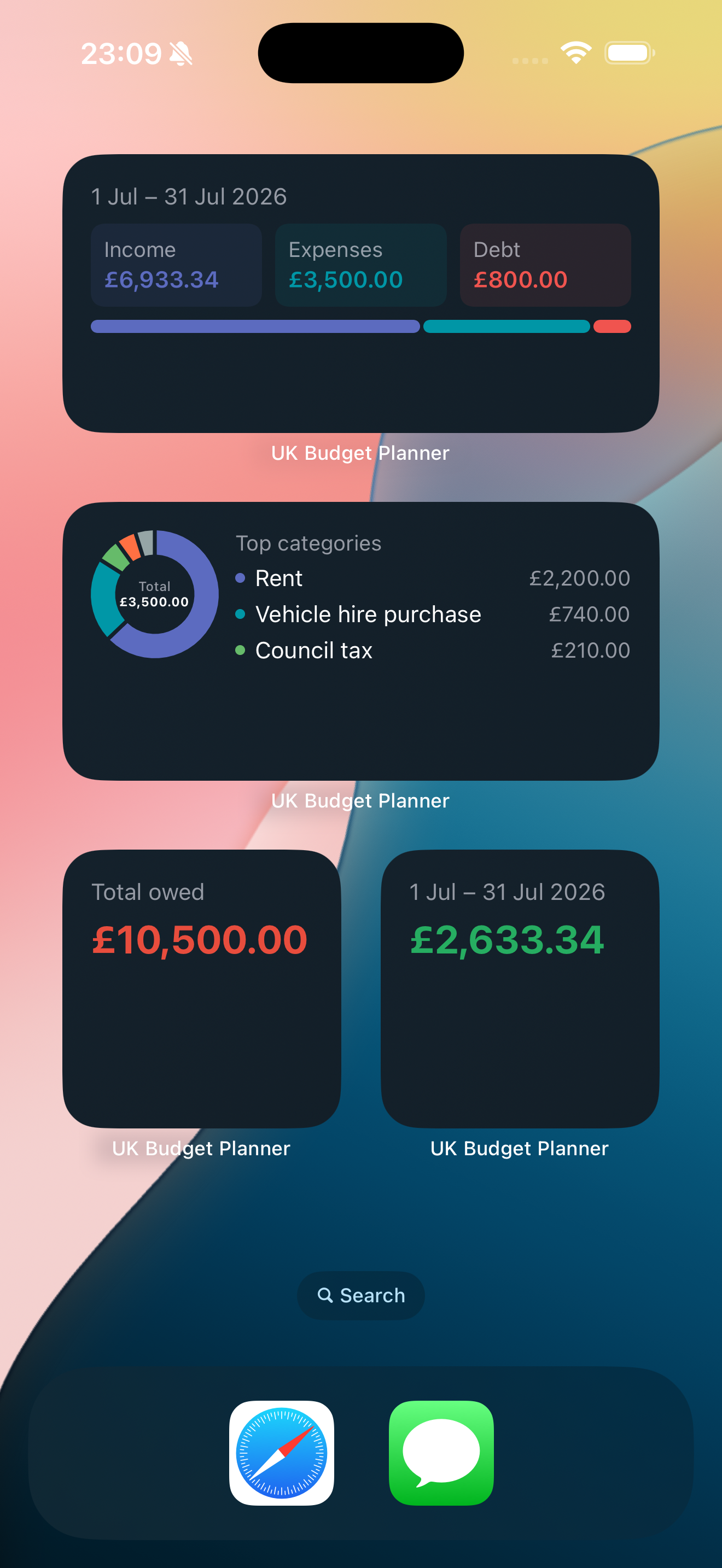 UK Budget Planner home screen widgets